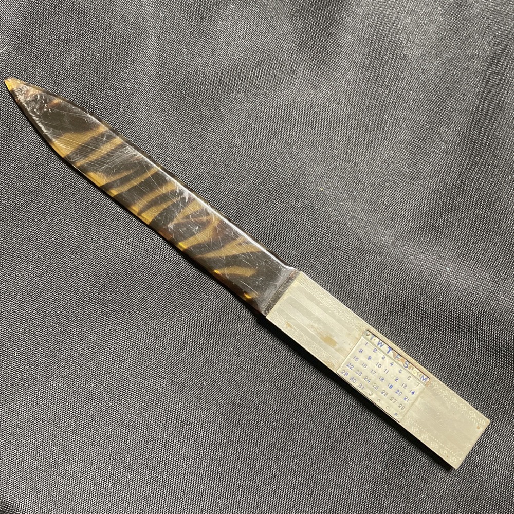 Vintage Lucite Letter Opener 10.5" Tiger Stripe Handle Perpetual Calendar